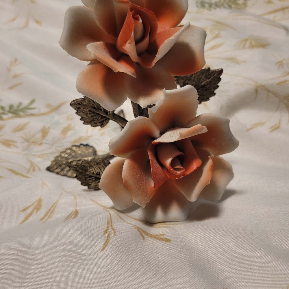 Porcelain Rose Flower Figurine in Peach and White